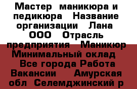 Мастер  маникюра и педикюра › Название организации ­ Лана, ООО › Отрасль предприятия ­ Маникюр › Минимальный оклад ­ 1 - Все города Работа » Вакансии   . Амурская обл.,Селемджинский р-н